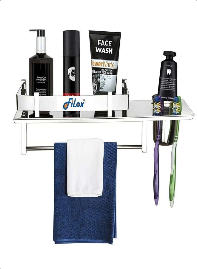Filox Stainless Steel 3 in 1 Multipurpose Bathroom Shelf Rack | Wall Mounted Towel Hanger | Tumbler Holder, Toothbrush Holder | Bathroom Accessories Set for Home, Wash Basin & Toilet - Image 1